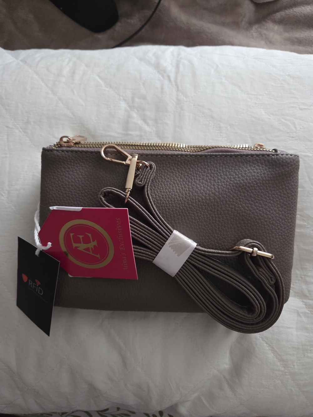 Taupe Double-Zip Crossbody Bag with Rose Gold Trim